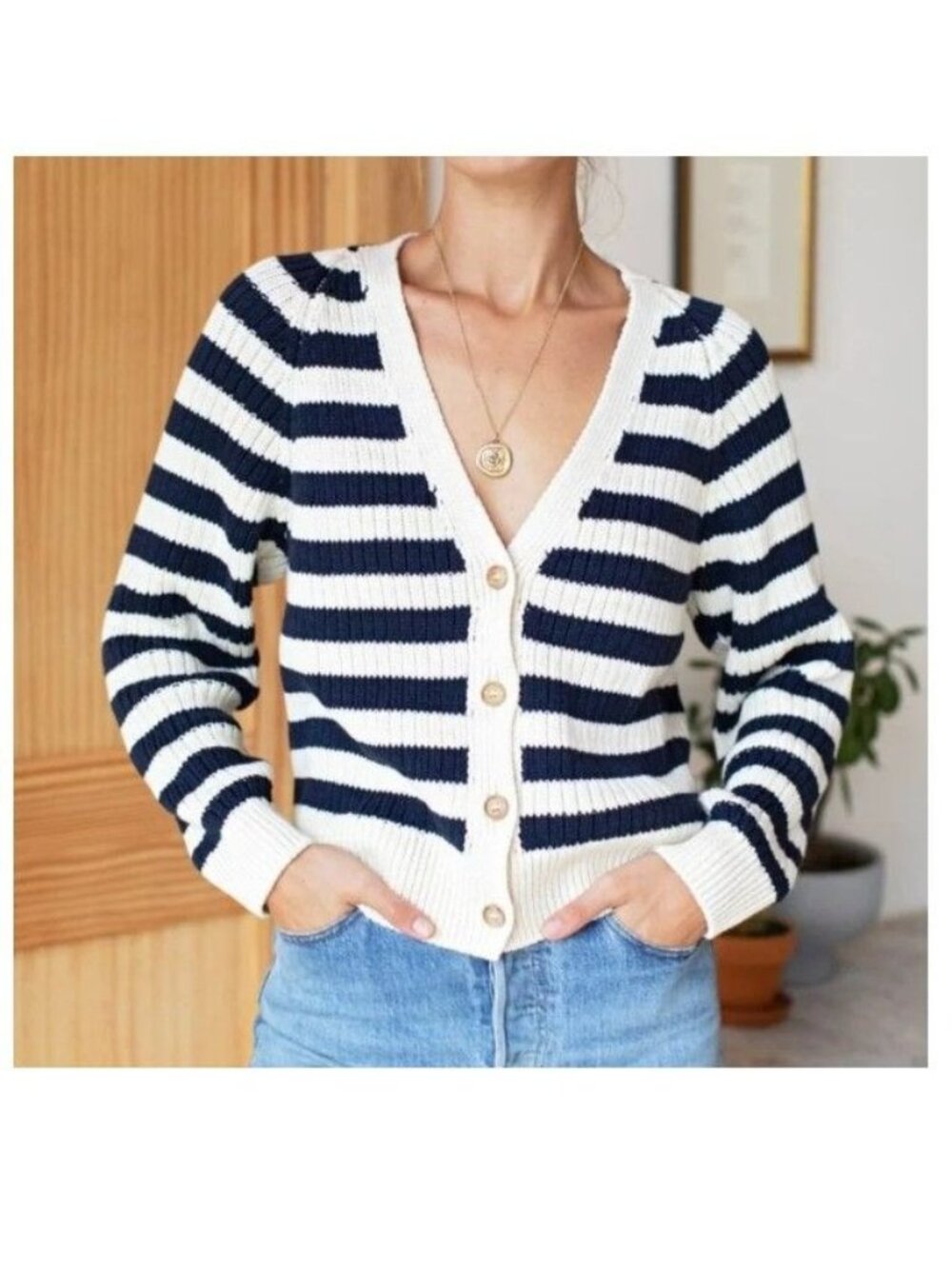 Emerson Fry Low V-Neck Cardigan Sweater in Navy French Stripe Size Large NEW!